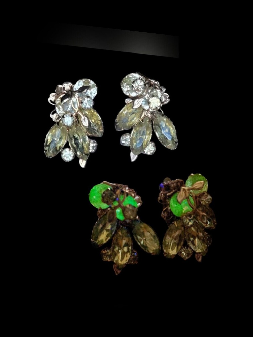 1950s Peridot Green Uranium Glass Rhinestone Cluster Clip-On Earrings